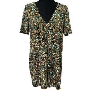 Zara Black Ditsy Floral Textured Knit Mini Dress V Neck Boho Retro Size Small